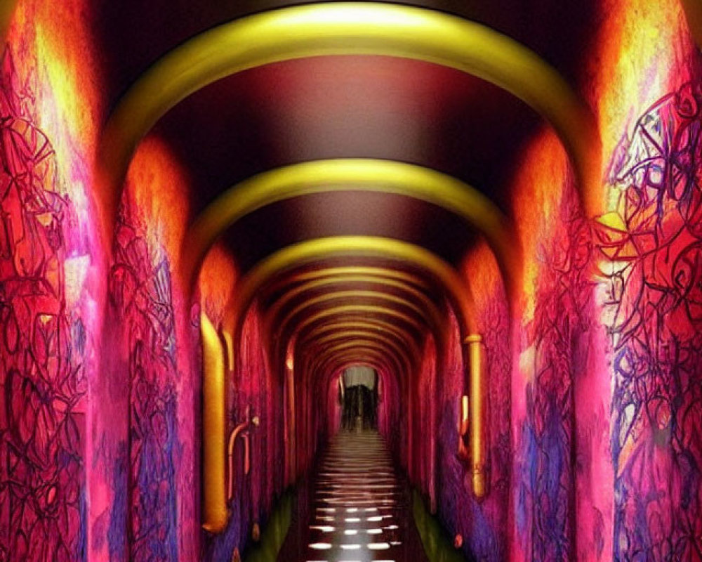 Vibrantly lit tunnel with arched ceilings and graffiti-covered walls