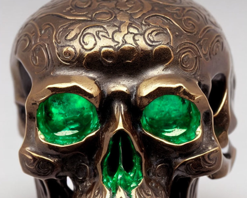 Bronze Skull with Floral Patterns and Green Eyes