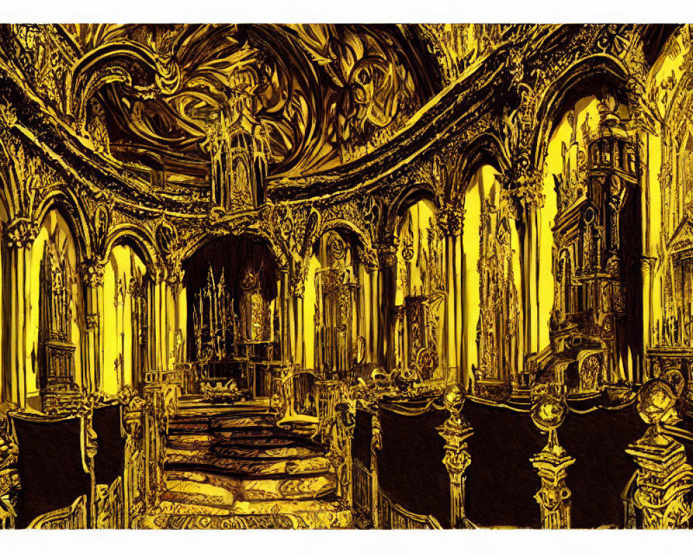 Detailed Gothic architecture in ornate golden interior