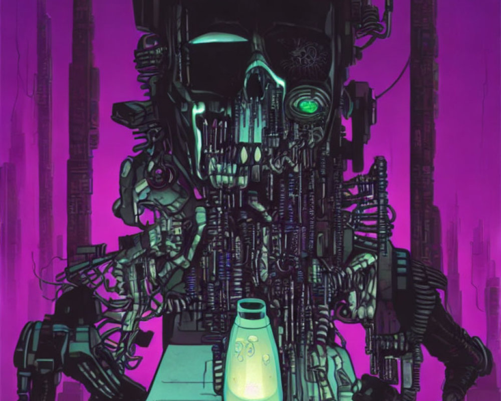 Detailed illustration of robot with skull-like face in cybernetic backdrop with neon purple hues and glowing object