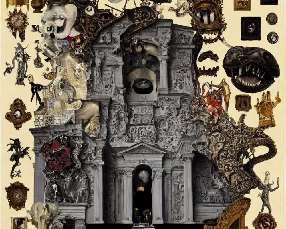 Surreal collage with ornate architecture, skulls, frames, and fantastical creatures