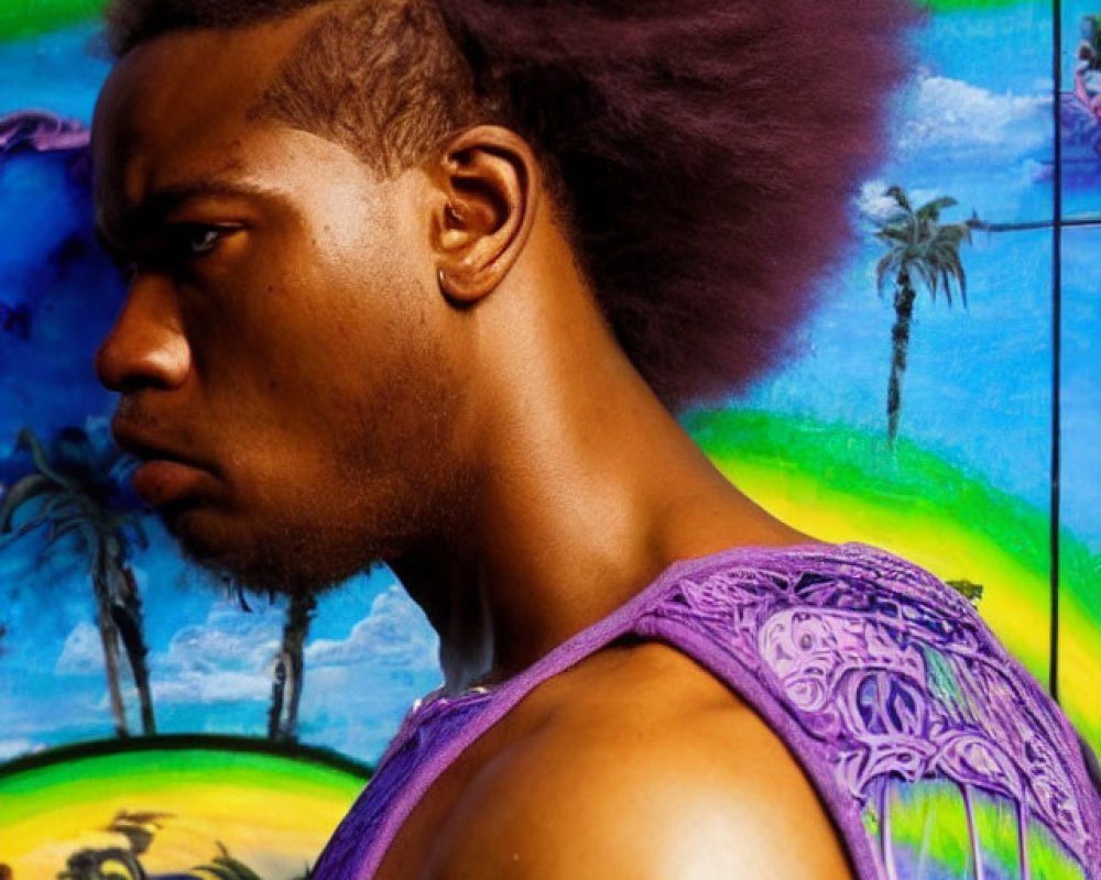 Man with Afro Hairstyle in Purple Garment Against Colorful Palm Tree Mural