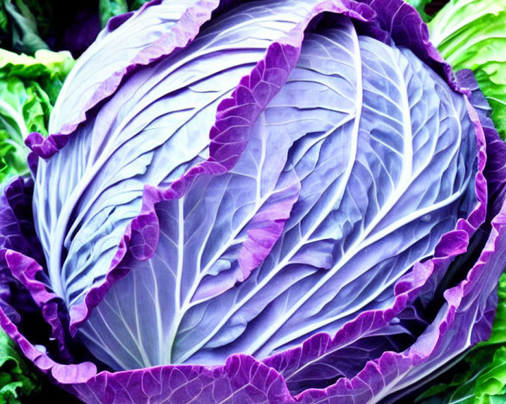 Vibrant red cabbage with purple leaves among green foliage