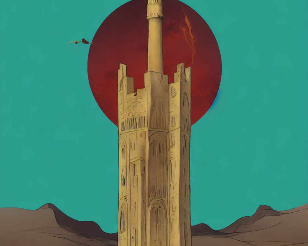 Desert landscape with towering structure, red sun or moon, and lone bird.