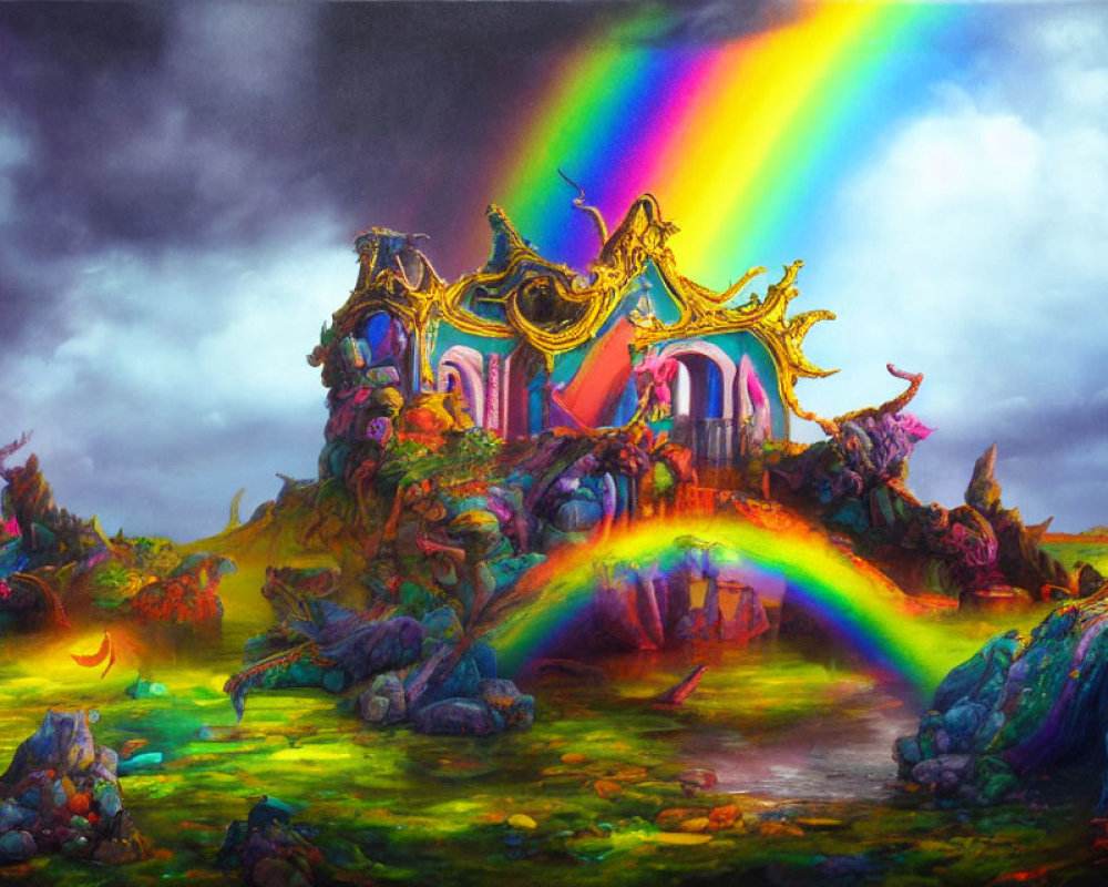 Colorful fantasy landscape with ornate buildings, rainbow, and stormy sky