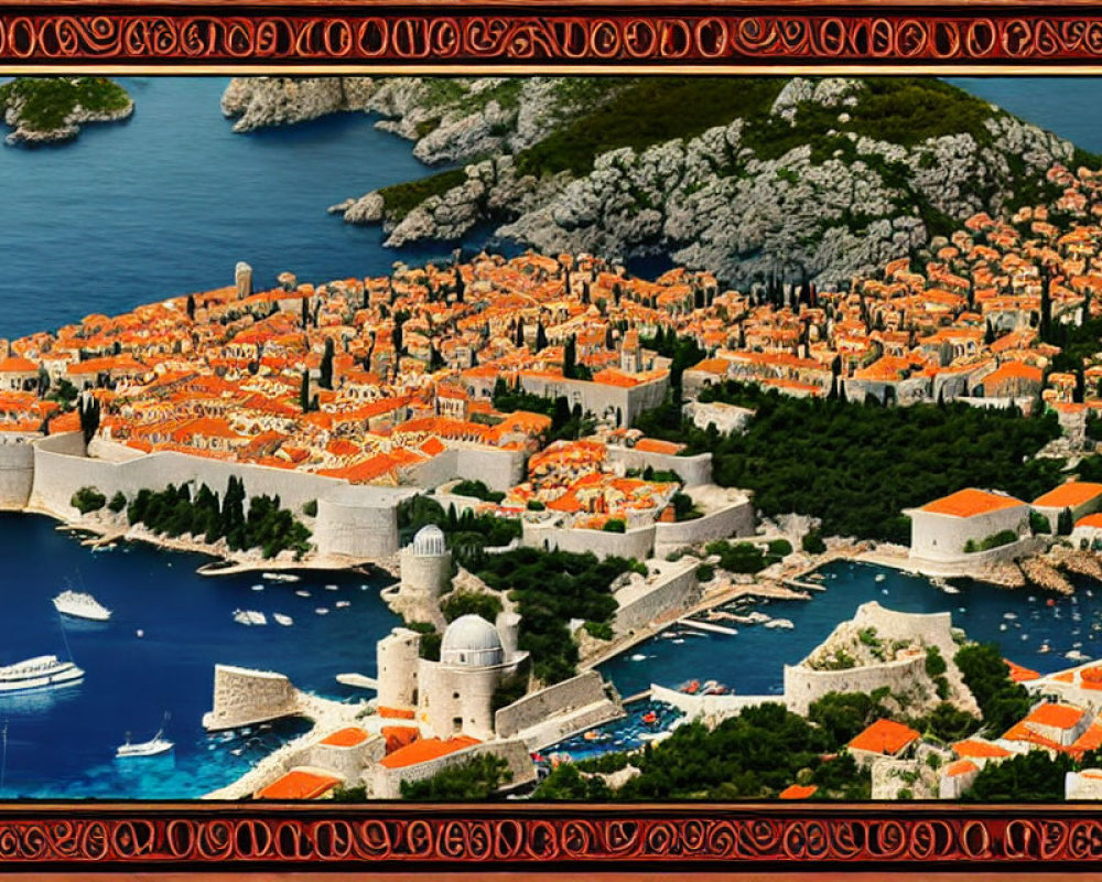Medieval walled city by the sea with orange rooftops and lush greenery