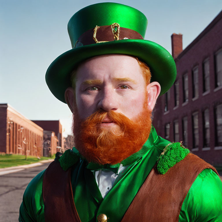 Man in Green Top Hat & Suit with Ginger Beard: Irish-themed attire for St. Patrick's Day