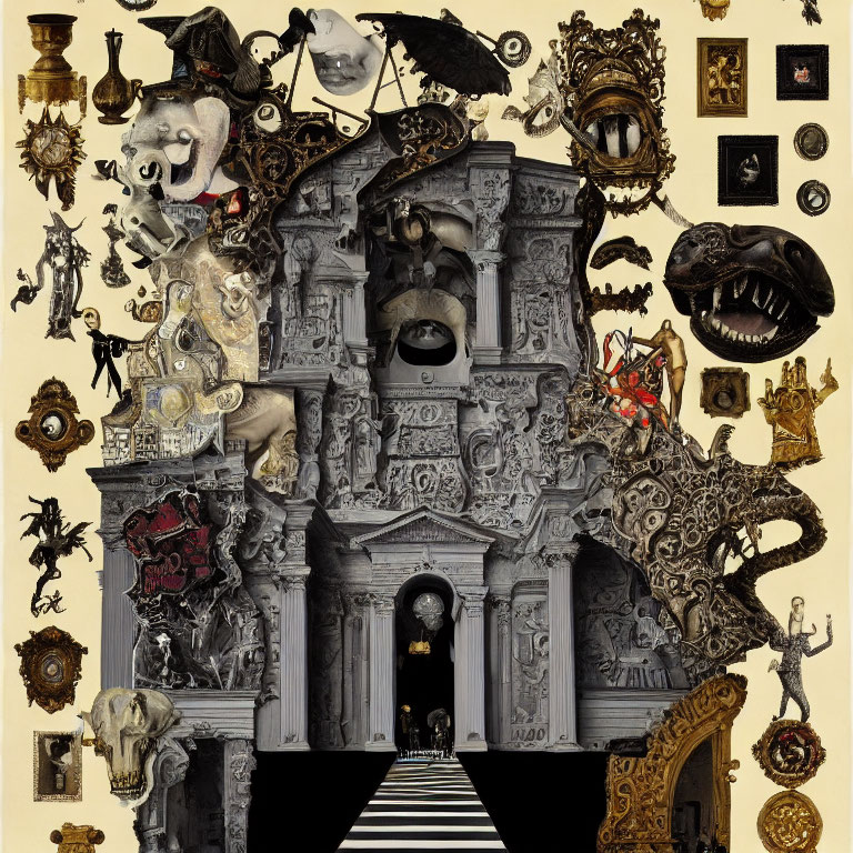 Surreal collage with ornate architecture, skulls, frames, and fantastical creatures