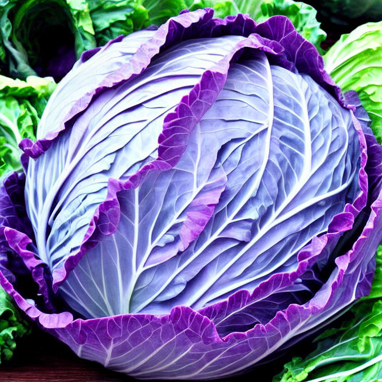 Vibrant red cabbage with purple leaves among green foliage