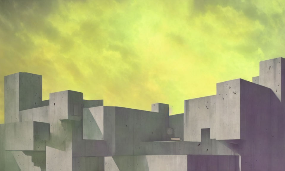 Abstract cityscape with geometric concrete structures under greenish-yellow sky