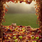 Sunlit Autumnal Scene: Apples and Leaves on Grassy Field