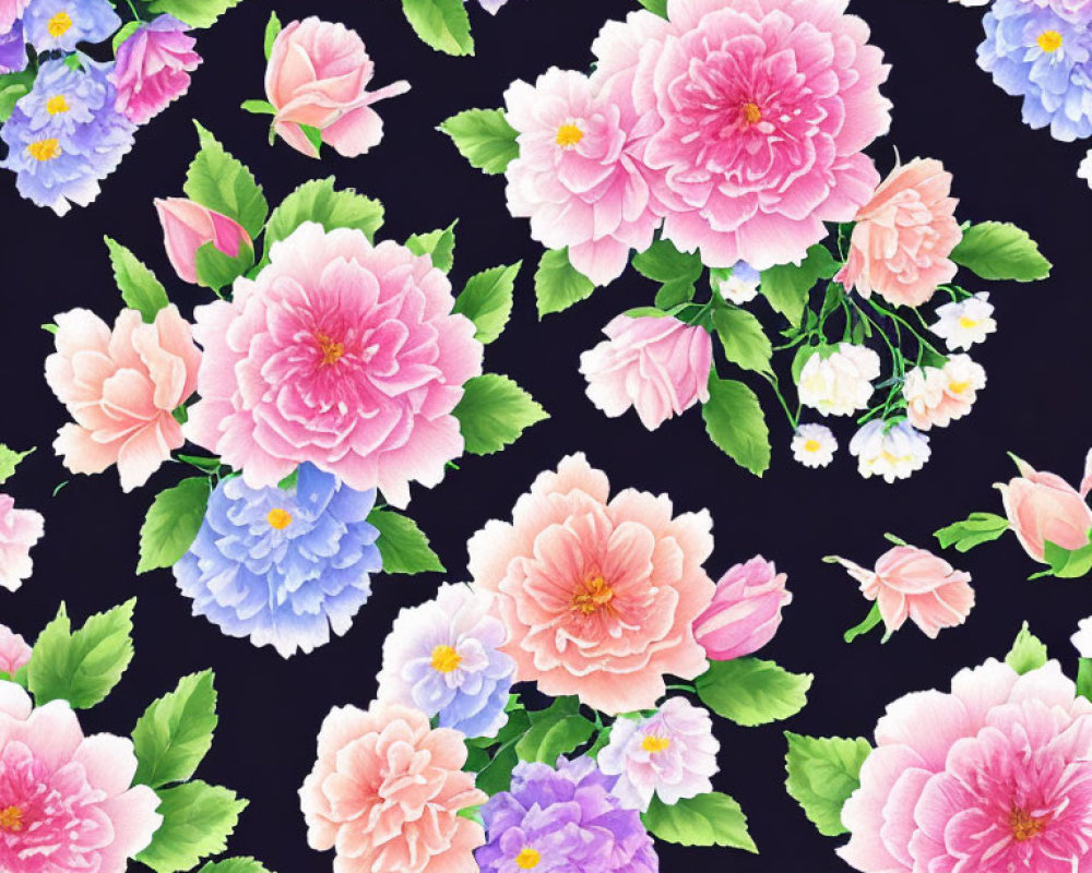 Pink and Purple Peony Floral Pattern on Dark Background