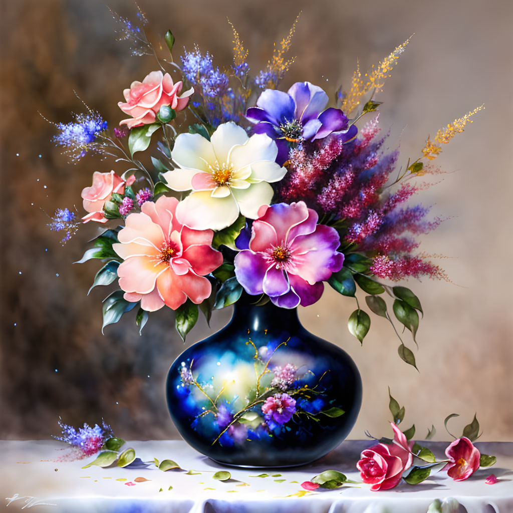 Colorful Flower Bouquet in Blue Vase on Brown Background