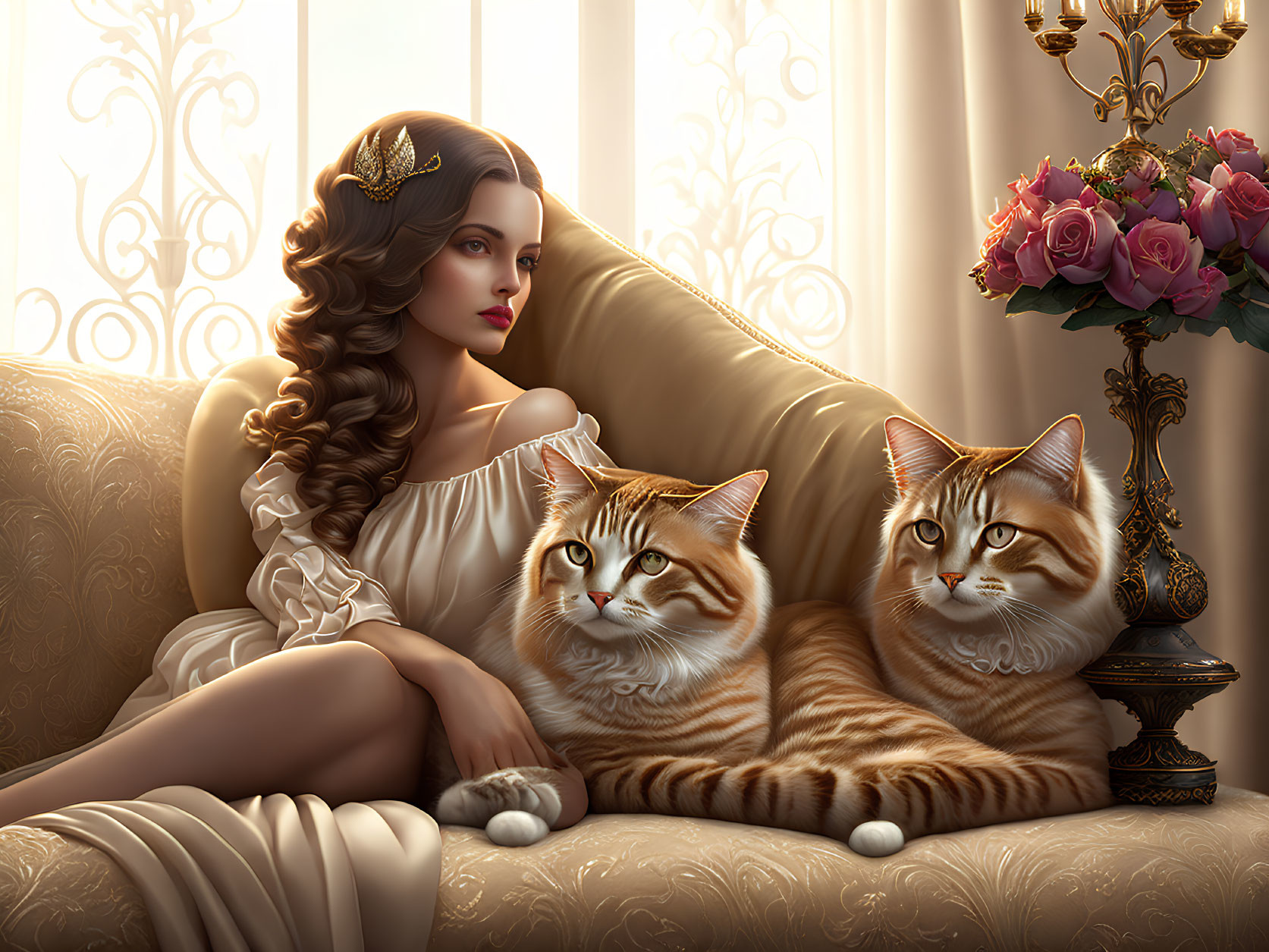 Woman with wavy hair sitting near two large cats on elegant sofa by window with vase of roses.