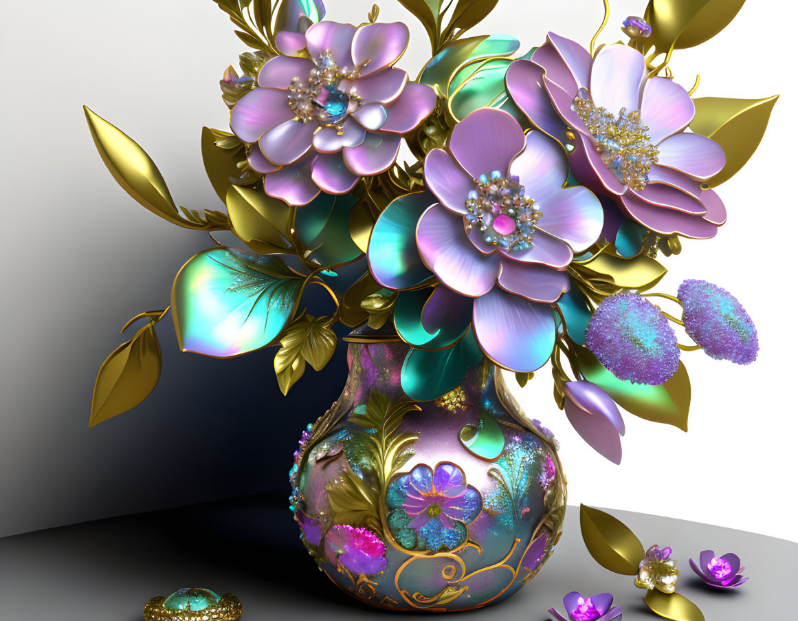 Colorful 3D rendering of ornate vase with iridescent flowers