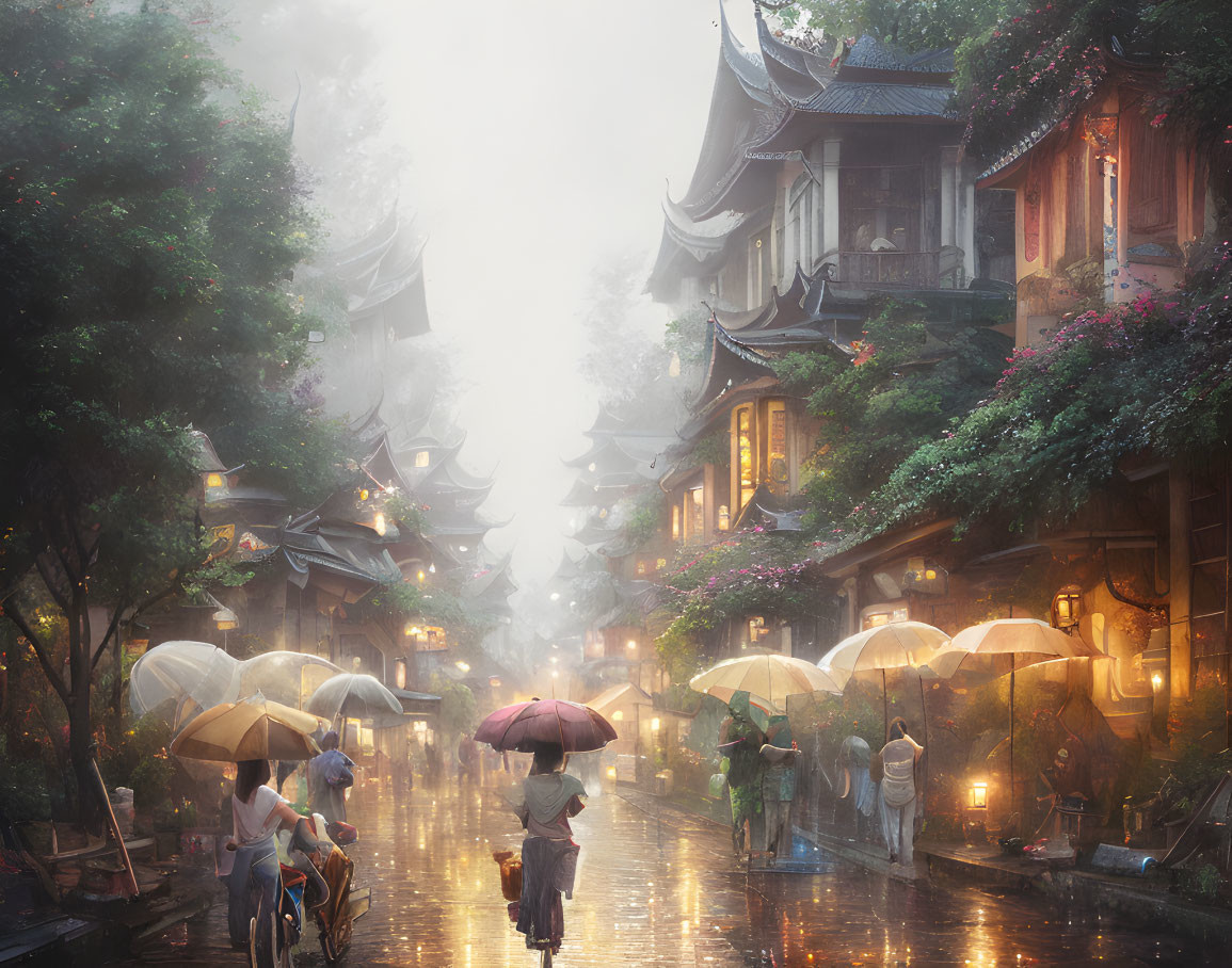 Misty Asian street scene with lanterns and umbrellas