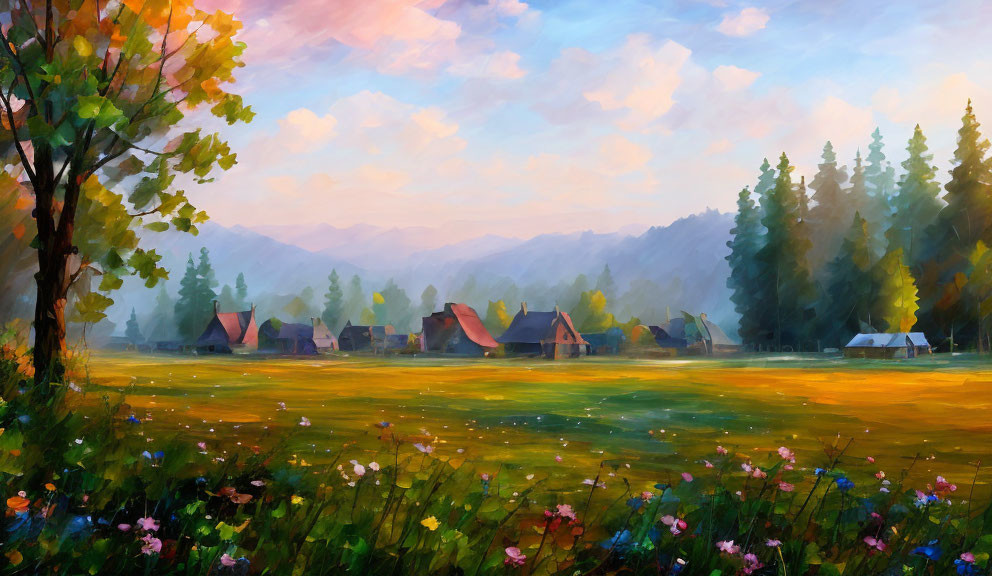 Serene village painting at sunrise with wildflowers & forest