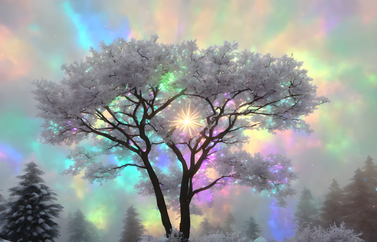 Snow-covered tree with starburst effect under colorful aurora-lit sky