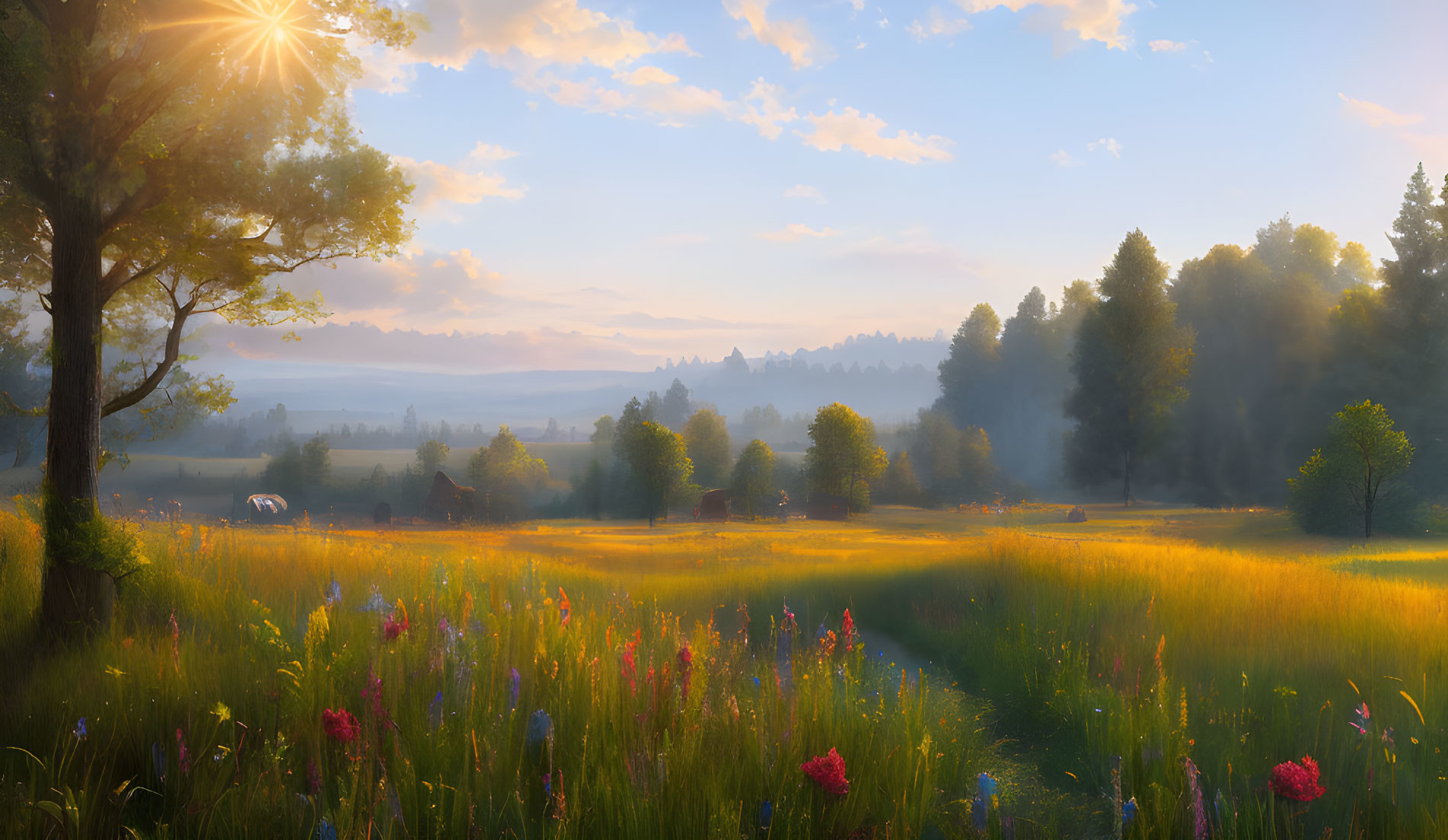 Tranquil sunrise landscape with horses grazing in misty meadow