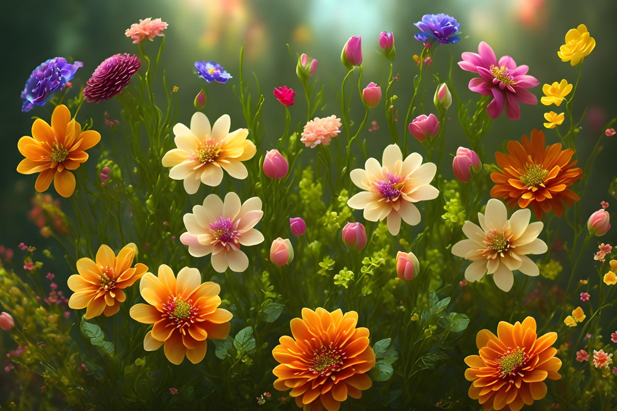 Colorful Blooming Flowers in Yellow, Orange, Pink, and Purple