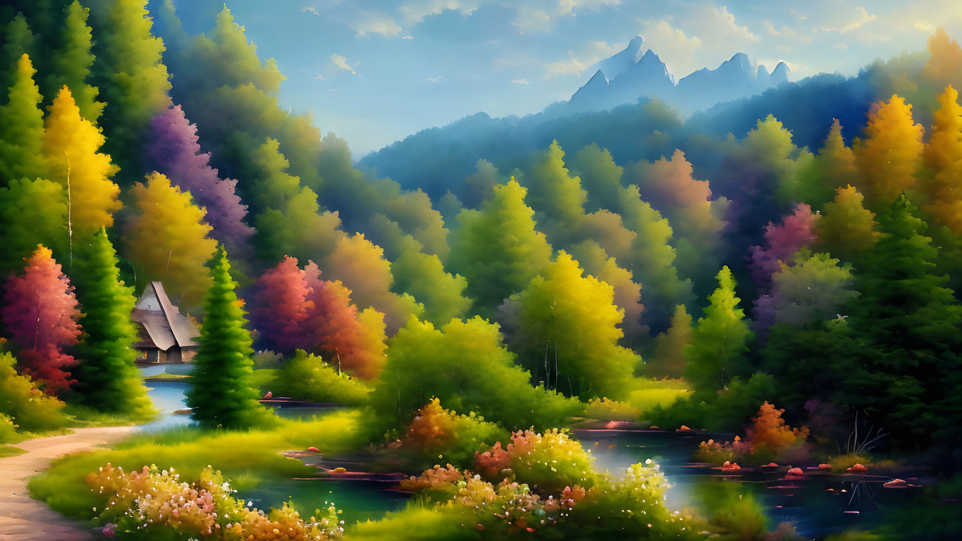 Tranquil Autumn landscape with colorful trees, river, and cottage