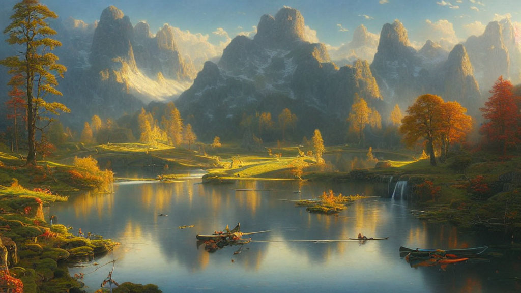 Tranquil Lake with Boats, Forest, and Sunset Mountains