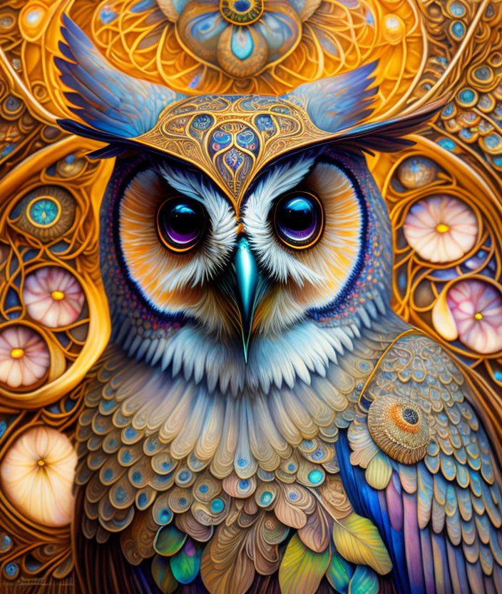 Colorful Owl Illustration with Intricate Details and Ornate Feather Patterns