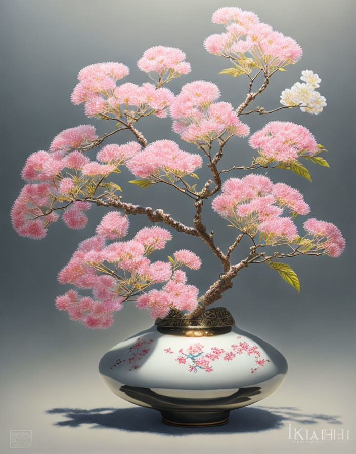 Pink Blossom Bonsai Tree in White Pot on Grey Background