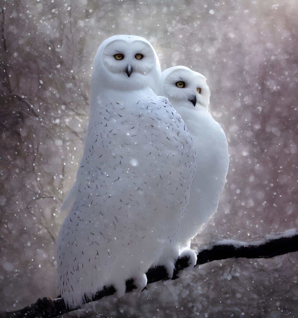 Snowy owls perched on branch in falling snow scene