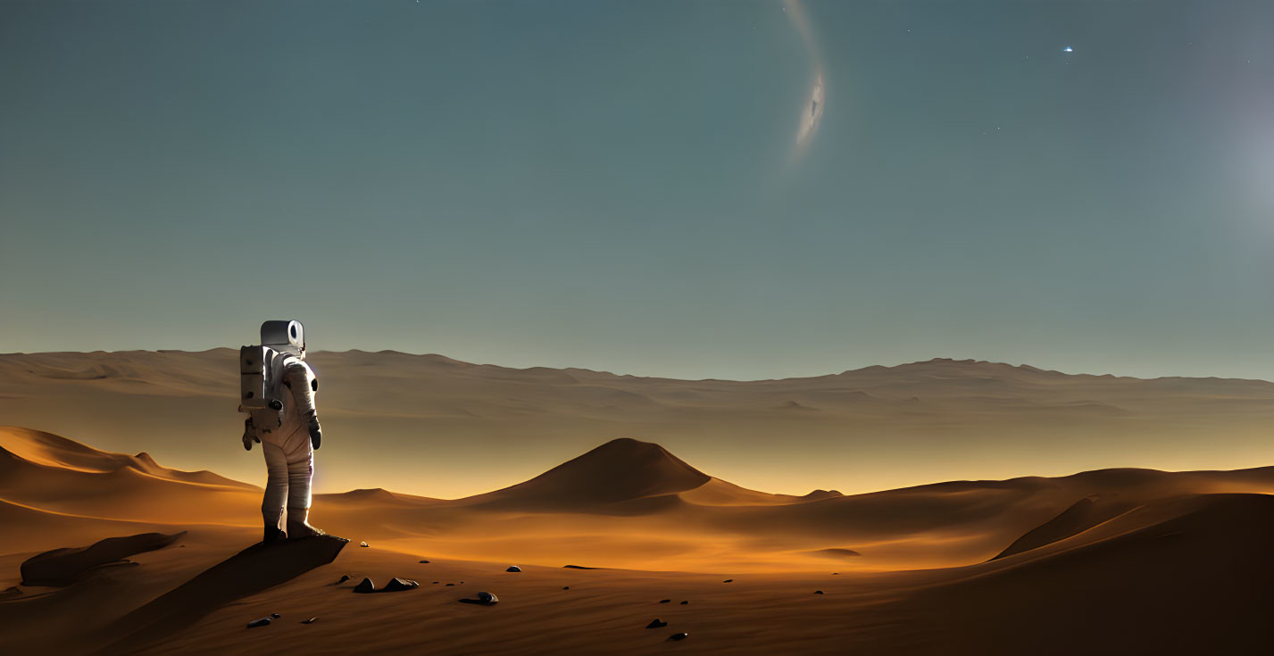 Astronaut on desert terrain with crescent planet and stars