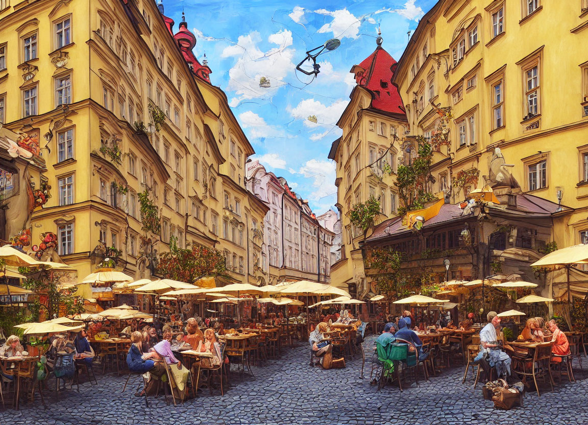European Café Scene: Outdoor Dining Under Umbrellas & Historic Buildings