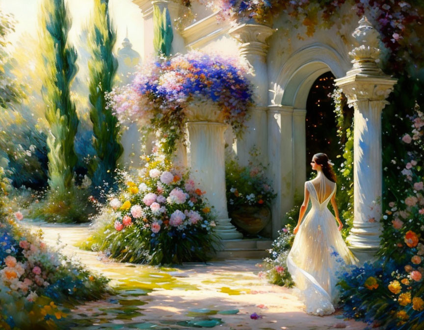 Woman in Yellow Dress in Sunlit Garden with Flowers and Classical Architecture