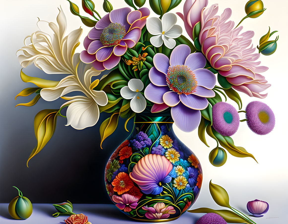 Colorful Flower and Kiwano Fruit Still Life Painting on Reflective Surface