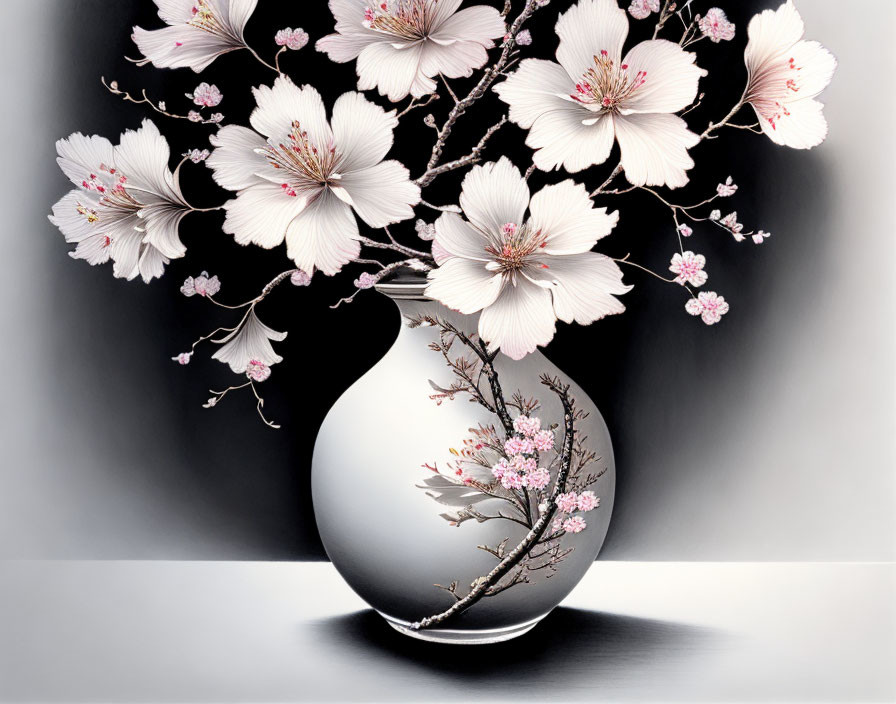 White Vase with Cherry Blossom Branch and Real Blossoms on Gray Background