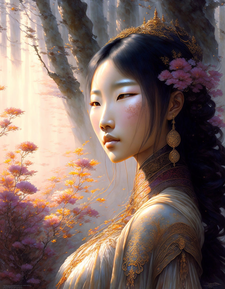 Digital artwork of woman with ornate crown, cherry blossoms, gold jewelry, and traditional attire.