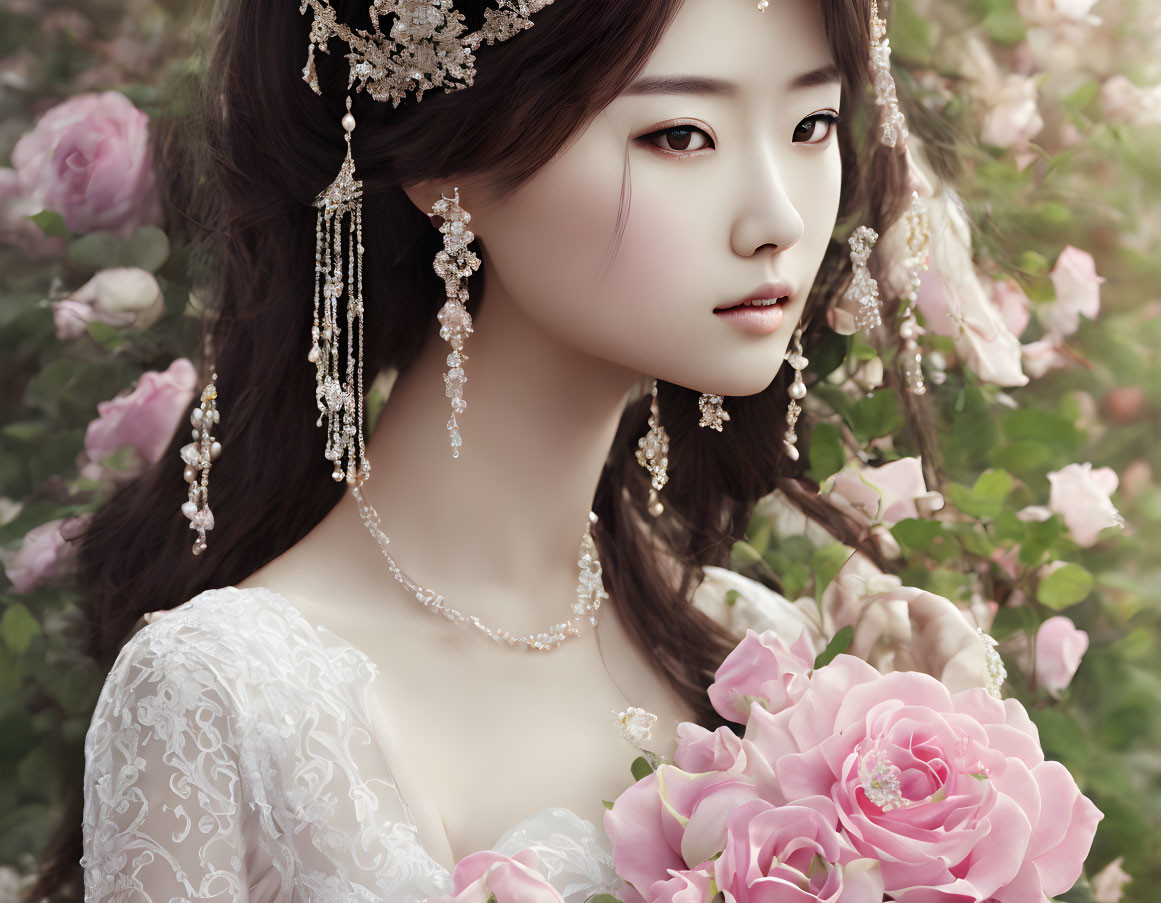 Elegant Woman with Intricate Jewelry Among Blooming Roses