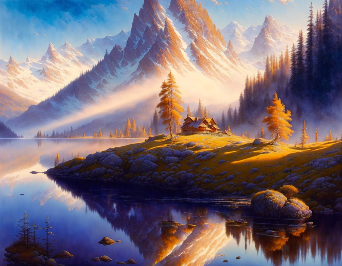 Mountain Lake Sunrise Scene with Cabin, Trees, and Snowy Peaks