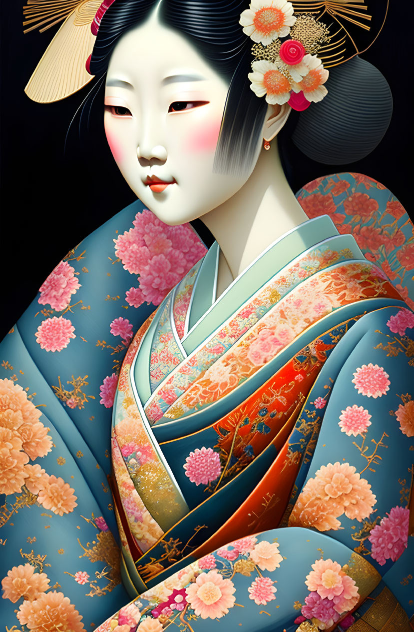 Colorful Kimono Illustration of Woman with Floral Patterns