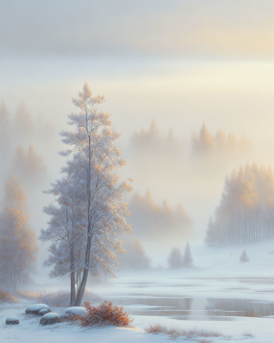 Serene winter landscape with frosted tree by tranquil lake