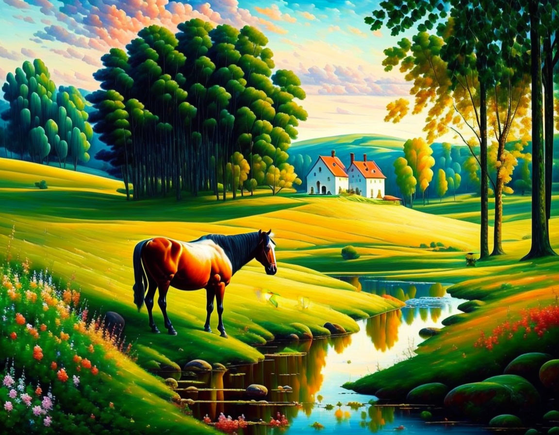Scenic Landscape with Horse by Stream and Green Hills