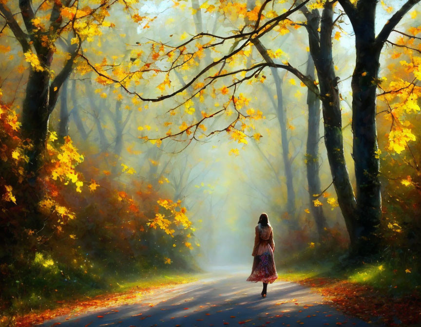 Woman Walking on Sunlit Autumn Road with Falling Leaves