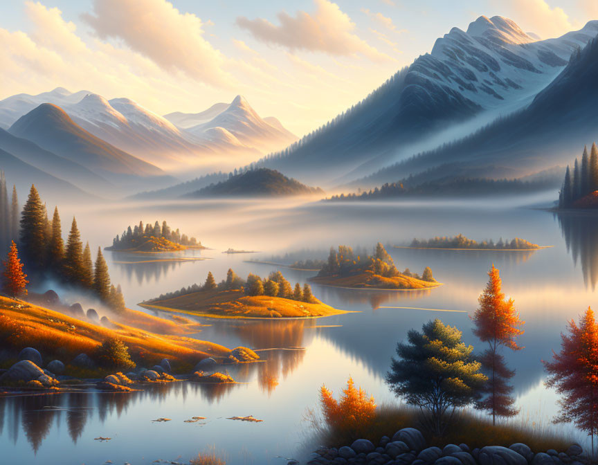 Majestic sunrise mountain landscape with misty water and autumn trees
