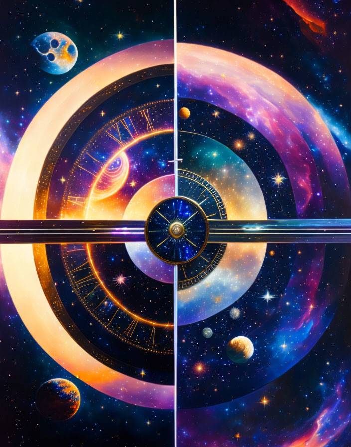 Colorful cosmic armillary sphere with planets and nebula.
