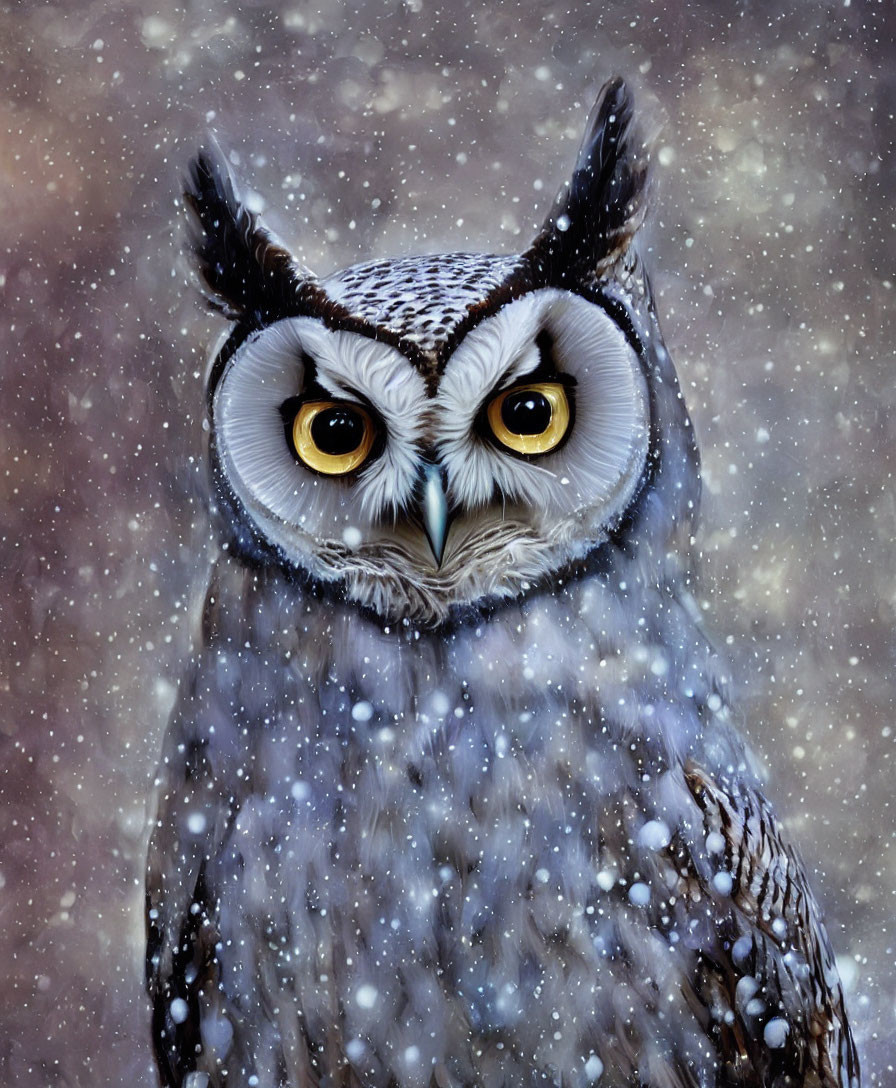 Detailed Owl Illustration with Striking Yellow Eyes in Snowy Scene