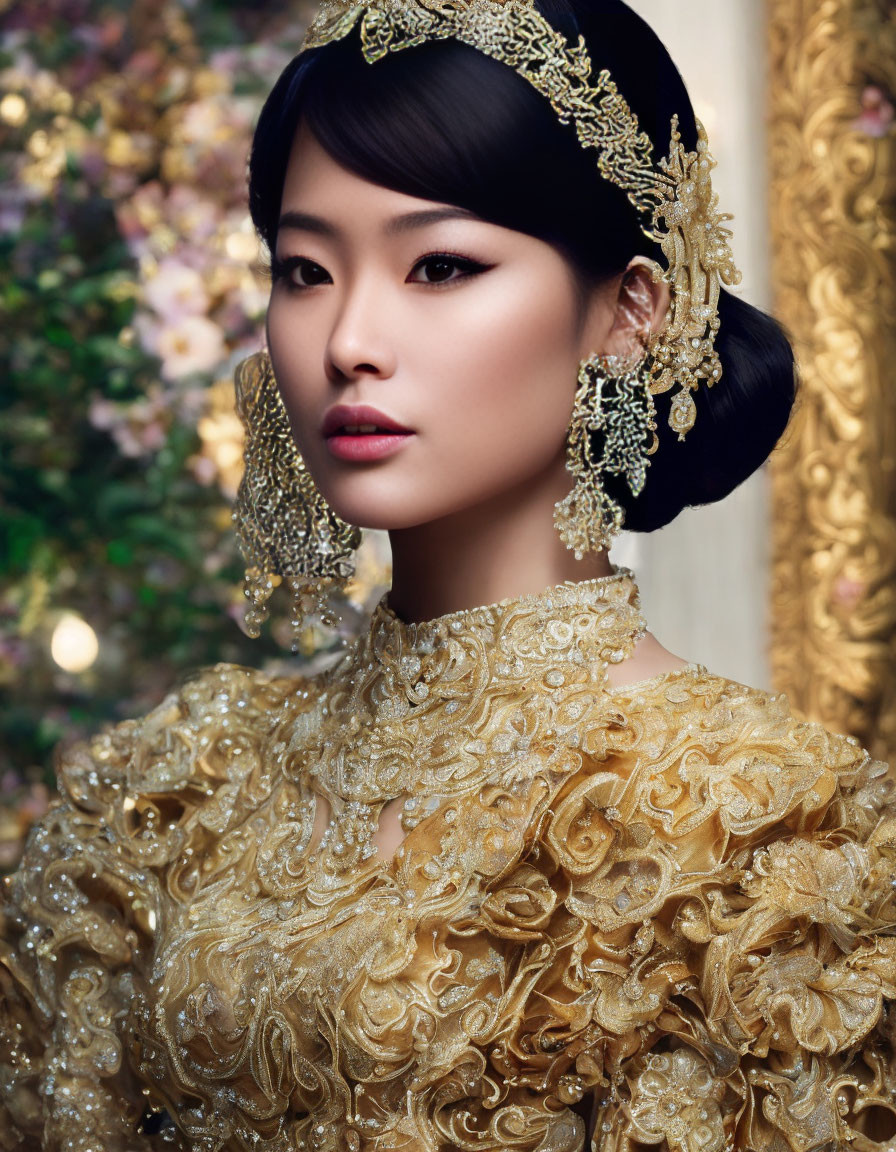 Woman in ornate golden dress and headpiece with floral background.