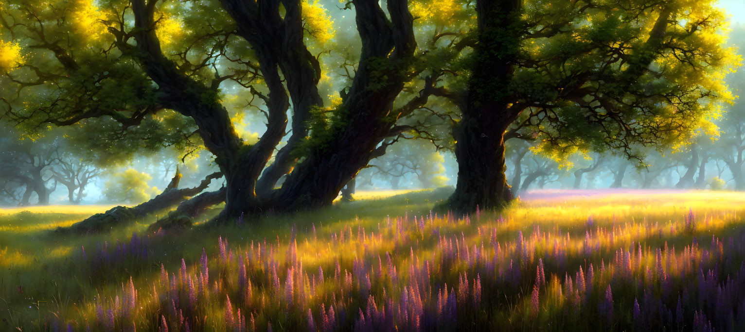 Sunlit Forest Scene with Purple Wildflowers and Golden Leaves