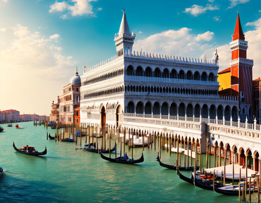 Grand Canal Gondolas near Doge's Palace and Campanile Bell Tower in Venice