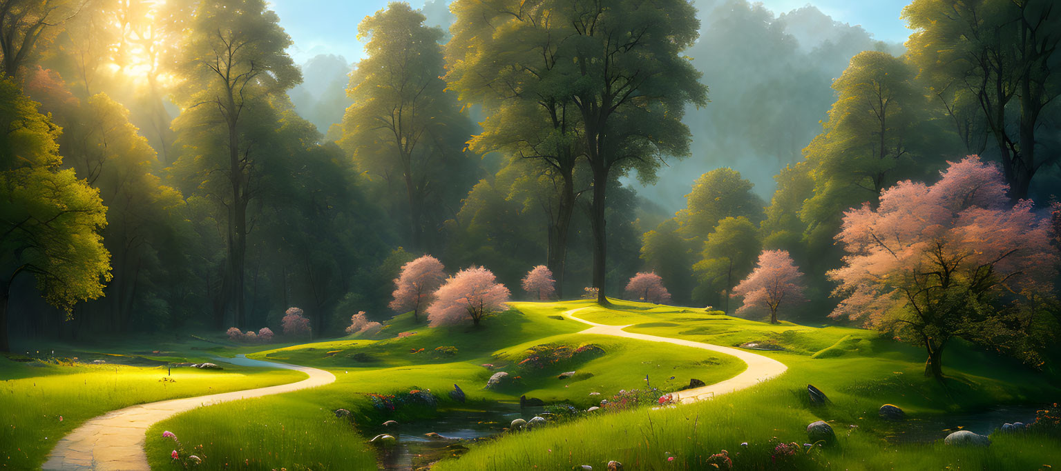Scenic forest path with sunlight and pink blossoms