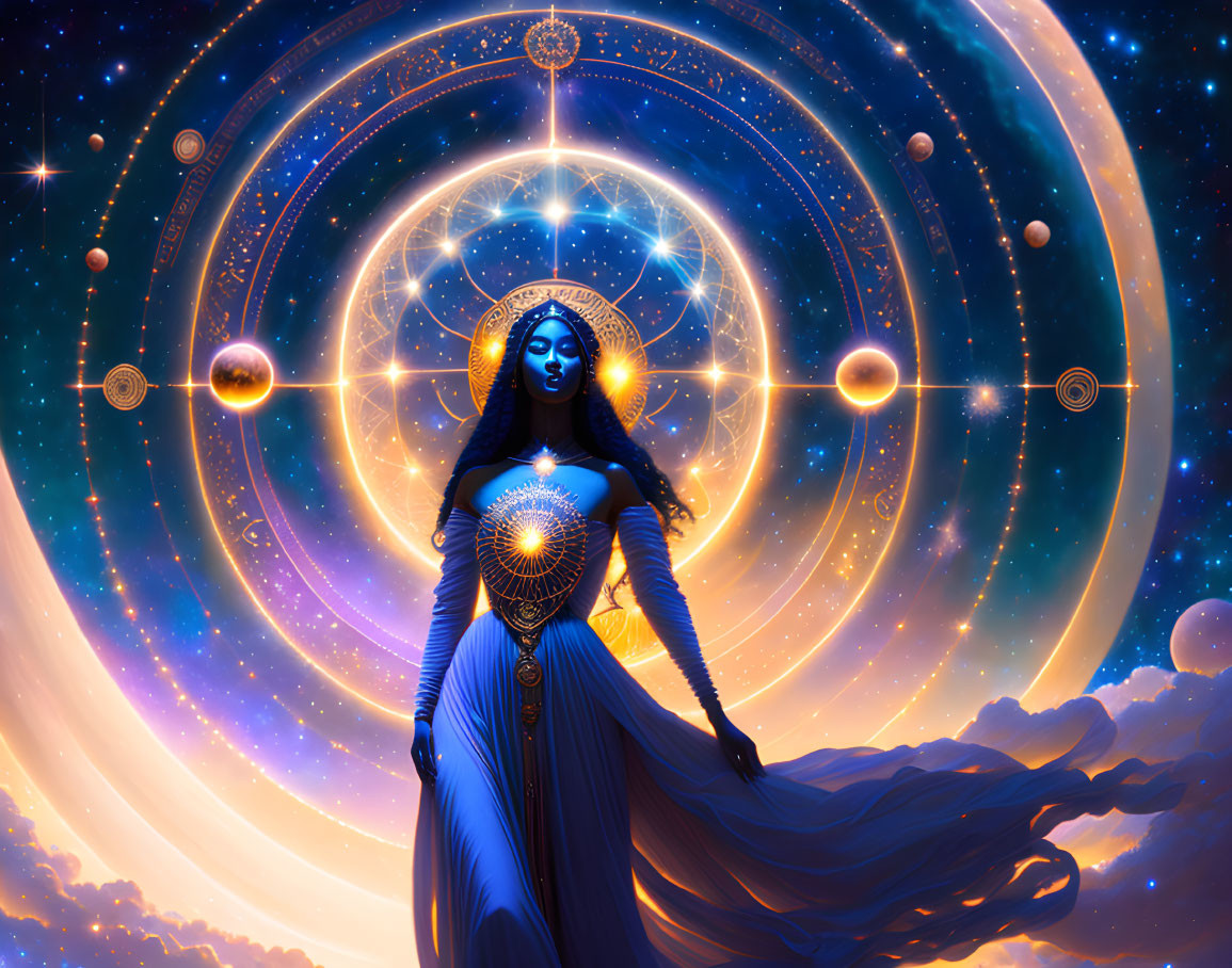 Mystical female figure with cosmic features in starry setting