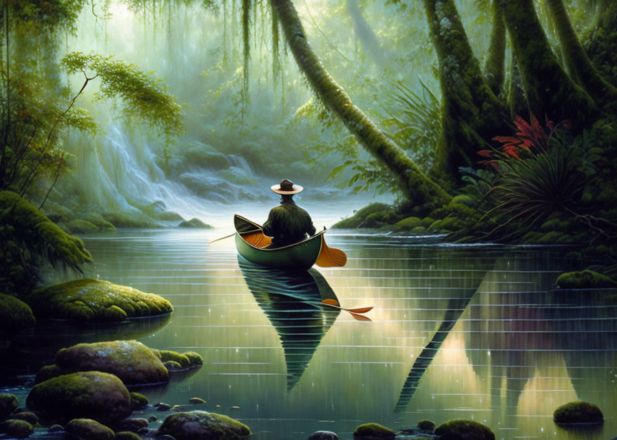 Person in hat rowing canoe on calm river through misty forest with waterfalls